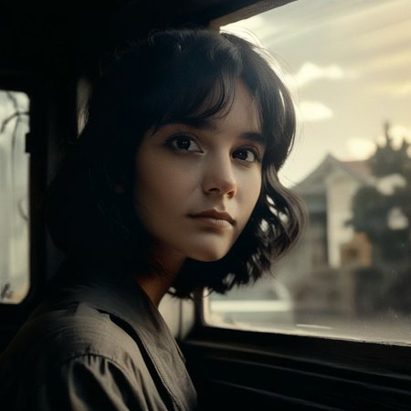 score_9, score_8_up, score_7_up, score_6_up, flmgr, flmgr, film grain, cinematic, cinematic light, solo, black hair, realistic, black eyes, looking at viewer, portrait, 1girl, pretty, medium hair, closed mouth, Outside the window