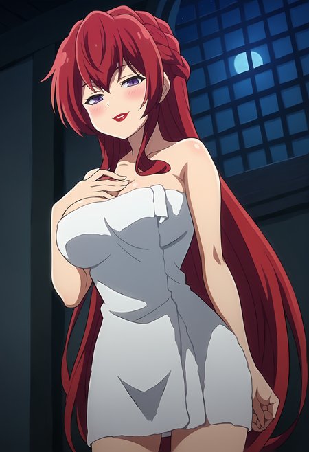 score_9, score_7_up, hd, (ultra hd quality details), source_anime, anime screencap, indoors, night,
solo, 1girl,
lfanisim, red hair, very long hair, untied hair, large breasts, lipstick, naked towel,
looking at viewer, blush, smile, half-closed eyes, 
standing, hand on own chest, from below,
<lora:_fanis_laminitus-elesico-ponyC-000008:1>