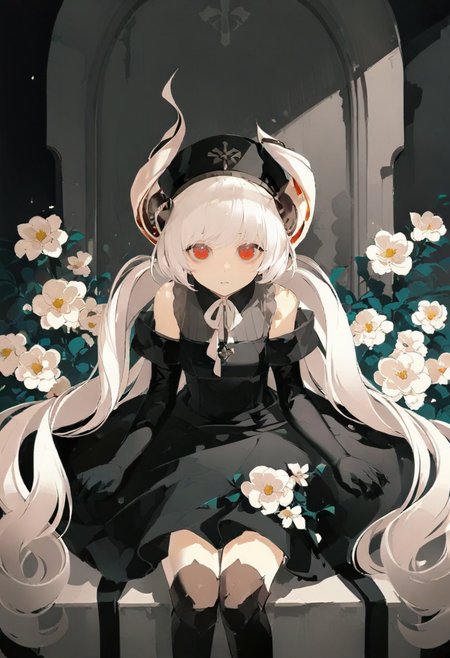 1girl, flower, solo, long hair, white flower, horns, dress, white hair, red eyes, looking at viewer, black dress, gloves, hat, very long hair, black gloves, sitting, black headwear, twintails, bare shoulders, elbow gloves, bangs, thighhighs <lora:chongzhenXL_il_lokr_V53P1:0.95>