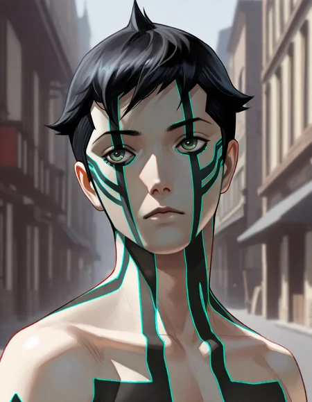 Masterpiece, hires, semi-realistic, detailed face and eyes, ultra quality, cel-shaded, sharp lines, dry shading, Beautiful background, houses, street city,   <lora:Shin_Megami_Tensei_III_Demi-Fiend:1> 1boy, demi-fiend, full-body tattoo