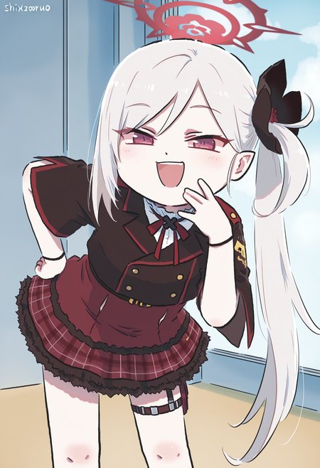 masterpiece,best quality,high resolution,source_anime,highly detailed illustration,
seductive, detailed eyes, very aesthetic,absurdres,newest, amazing quality,
detailed eyes, absurdres,newest, amazing quality,
<lora:shiXinzoroV1ill:1.0>, shixinzoruo,  chibi,
1girl, solo, 
mutsuki \(blue archive\), smug, half-closed eyes, smile, hand on own hip, leaning forward, open mouth,