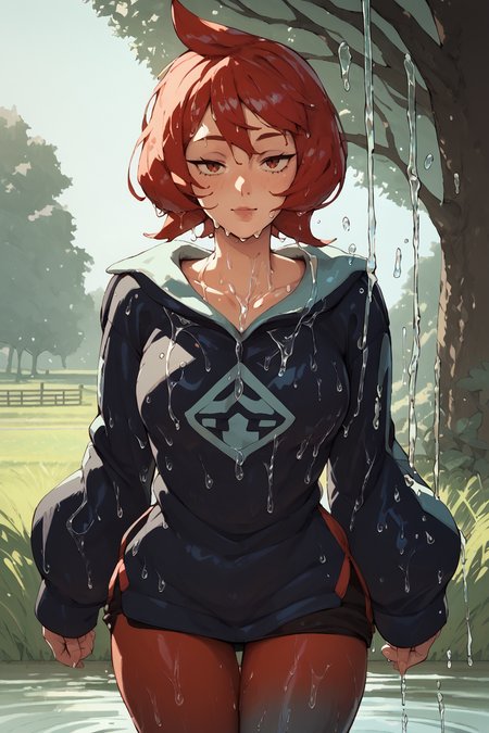 arezu, pantyhose, short hair, red hair, gradient legwear, cowlick ,in an open field, pouring rain, wet skin, wet body, wet hair,<lora:RD-MAnon-XLV1.1:1>, outside, in a park,  <lora:Arezu_pokemon:1>, , source_anime, score_9_up, score_7_up, score_8_up