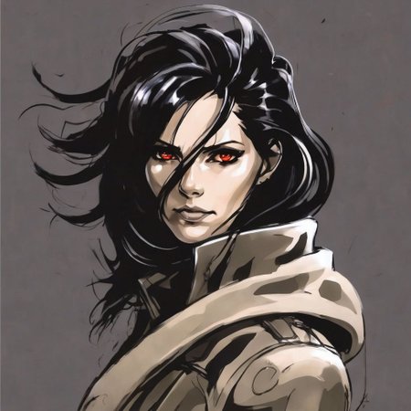 1girl, black hair, long hair, close-up, red eyes, glowing eyes, mature woman, black coat, simple background, shinkawa youji, metal gear