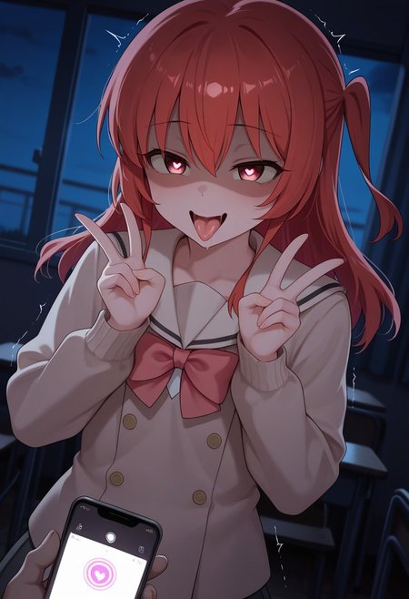 masterpiece,best quality,amazing quality, 1 girl,kita ikuyo,shaded face,dark,hypnosis app, smartphone controler, hypnosis,dutch angle,mind control,heart effect,(saliva:0.8),classroom,night,red eyes, mocking smile,heart-shaped pupils    ,darkface,open mouth,trembling, o-face,double peace hands,tongue out,like devil,falling into darkness,
