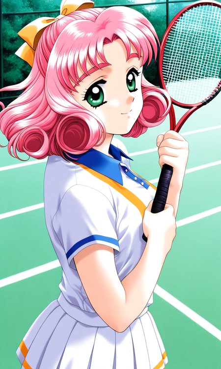 general,highres, ultra-detailed,very aesthetic,best quality ,best hands, BREAK <lora:Minagawa_Nana_kakyuusei_Ver2.0_IS:1>
Minagawa_Nana(kakyuusei), 1girl, solo, pink hair, short hair, hair bow, ribbon, green eyes, curly hair, 
tennis racket, tennis uniform, smile, sportswear, shirt, looking at viewer,