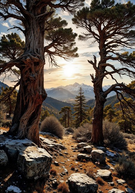 Ancient bristlecone pine forest, gnarled and twisted trunks, weathered bark textures, high-altitude rocky terrain, scattered snow patches, golden hour sunlight filtering through sparse foliage, wispy clouds, distant mountain peaks, lichen-covered stones, resilient wildflowers, soaring eagle silhouette, crisp air atmosphere, intricate root systems, dramatic shadows, 8k resolution, hyperrealistic details, awe-inspiring vista, panoramic composition, wide-angle perspective, muted earthy color palette, timeless ambiance <lora:Illustration_Style_IV:1.0> <lora:Organic Sauce - FLUX:0.7> <lora:FluxDFaeTasticDetails:0.5> <lora:FluxGhost-000001:0.3> <lora:flux_dev:1>