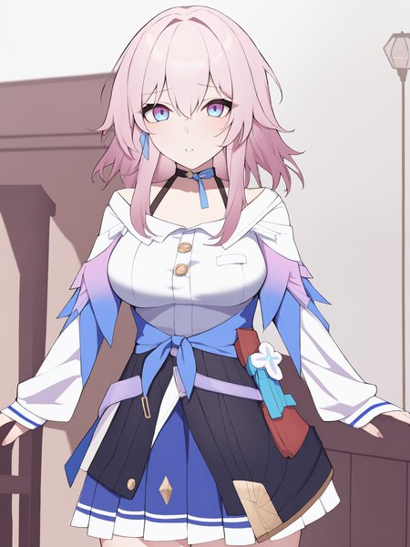 <lora:xl_march 7th(kohaku_delta)2:1>,march 7th is a girl with pink hair and pink blue eyes,she is wearing the 'sanyueqi' outfit which includes white blue dress,, masterpiece, best quality,