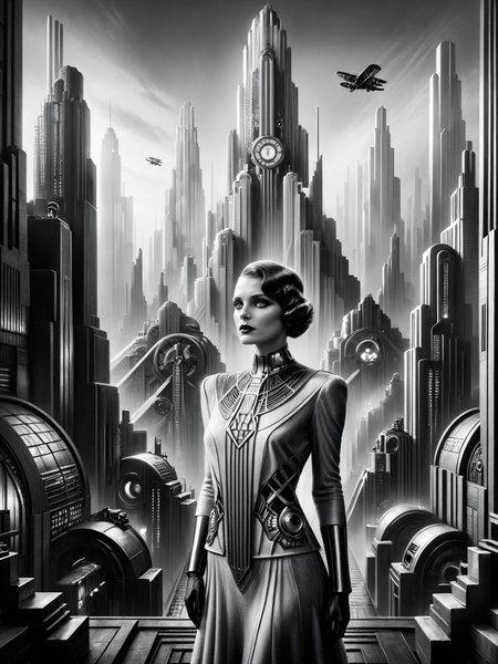 woman, futuristic, stylized, art deco,  1920s, black and white, bold geometric shapes, focus on the towering and industrial cityscape in the background <lora:Metropolis_Movie_Style_SDXL:1> mad-ropolis-movie, masterpiece, best quality, ultra high res, (photorealistic, realistic:1.2), deep shadow, raw photo, film grain, Fujifilm XT3, 8k uhd, dslr