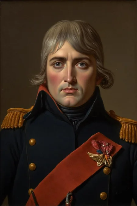 jldavid1 painting
A portrait of Napoleon Bonaparte, a historical figure, recognizable by his distinctive features. He has a prominent, slightly curved nose, full lips, and a serious, contemplative expression. His hair is light brown, styled in a short, slightly wavy cut. He is dressed in a dark, high-collared military uniform with a distinctive red sash around his neck, indicating his rank or position. The uniform is dark blue, with visible folds and a high collar. <lora:jldavid1_cap_d6a3:1.0><lora:815777112003838384:0>