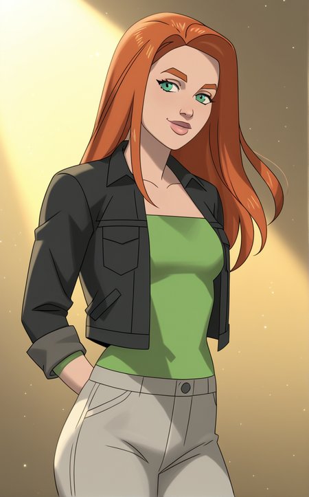 score_9, score_8_up, score_7_up, absurdres,contrapposto, arms behind back, cowboy shot, looking at viewer, backlighting, light smile, light particles, blurry background, depth of field, bloom, gradient background, yellow background, spotlight,  <lora:PONYXL_Invincible_AtomEve_ownwaifu:0.85>, BREAK BlackJacketGreenShirt_AtomEve_ownwaifu, 1girl, orange hair, shiny hair, straight hair, eyelashes, green eyes, long hair, nose, thick eyebrows, thick lips, green shirt, black jacket, collarbone, open jacket, grey pants, jewelry, long sleeves, pocket, breasts, lipstick, bangle, breast pocket, medium breasts,    <lora:add-detail-xl:0.15>,