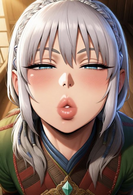 pov, incoming kiss, looking at viewer, puckered lips, thick lips, parted lips, half-closed eyes masterpiece,best quality,amazing quality, absurdres,
masterpiece, best quality, amazing quality, 1girl, solo,
,   <lora:jaheiraIllustrious:1>jaheira, jaheiraHair, portrait, , jaheiraArmor,outside