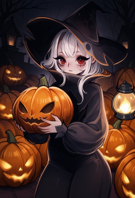 d0p4style,  masterpiece,  best quality, solo,  1girl, Halloween town background,  devils costume, holding pumpkin, lanterns, eyelashes, dark atmosphere,