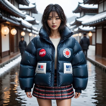 dark cinematic still with dark vibes, full body shot of miniskirt  japanese middle aged women  wearing an Vintage postage stamp motifs   extra_puffy_jacket tnf_nuptse,  unique hair styles,   looking at the camera, shallow depth of field, 8k uhd, dslr,  high quality, photorealistic, realism, hyperrealism,
, wetlook raining water scene 
 <lora:Puffer_Jacket_and_Down_Jacket_-_Extra_Puffy_Jackets:0.6>,   <lora:pufferdown_tnf_nuptse:0.4>