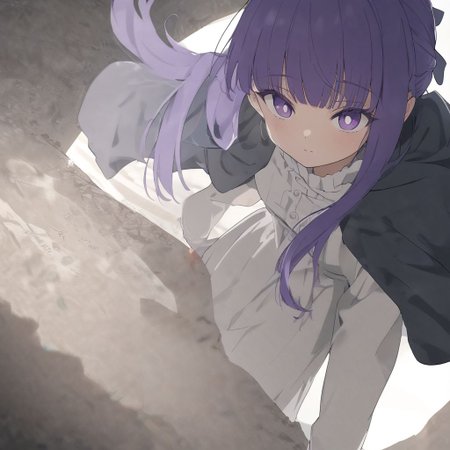 1girl, fern \(sousou no frieren\), sousou no frieren, purple hair, solo, purple eyes, bangs, hair ribbon, short hair, eyebrows visible through hair, dress, closed mouth, bright pupils, blunt bangs, hair bow, day, standing, white pupils, path, expressionless, black cloak, road, hood, black robe, black footwear, robe, younger, kneeling, shadow, hood down, sleeves past wrists, hooded cloak, white dress, black coat, shiny hair, v arms, child, black cape, looking up, coat, cape, black dress, from above, white sweater, jacket, skirt, long dress, hair ornament, short hair, white shirt, glowing eyes,, (dynamic pose, dynamic angle:1.5), (face focus, cowboy shot, close-up face, backlight:1.2), perfect features, intricate details, ray tracing, depth of field, ultra resolution image, (very aesthetic, newest, best quality, masterpiece:1.5), subtle blending, and an airy, dreamlike quality.),