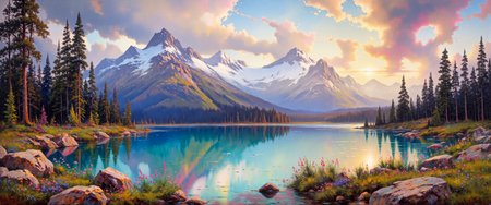 masterwork painting, impressionism, impressionist landscape with romantic realism influences, oil on canvas with masterful brushwork, rich textures capturing the breathtaking beauty of lake louise in canada during spring, its iconic turquoise waters shimmering with vivid, crystalline clarity, nestled amidst towering, snow-capped mountains that rise dramatically into the sky, their rugged peaks softened by a gentle haze, the background reveals an expansive view of the canadian rockies, their slopes covered in dense evergreen forests, patches of snow clinging to the higher altitudes, while the lakeâs surface mirrors the sky and mountains, creating a dreamlike reflection, in the foreground, patches of colorful wildflowers grow on a small rocky ledge, above, the sky is alive with dynamic, sweeping clouds in shades of soft white, warm peach, and cool gray, illuminated by the sunâs rays breaking through, casting dappled light and a mesmerizing interplay of light and shadow across the landscape, wide-angle view, emphasizing the grandeur of the mountains while drawing the eye toward the lakeâs vibrant center, the composition is perfectly balanced, with the rocky foreground and detailed wildflowers anchoring the scene and leading the gaze toward the distant peaks, subtle highlights on the snow and water enhance the sense of depth and serenity, masterful brushstrokes convey the roughness of the rocks, the softness of the clouds, and the glassy surface of the lake, harmonious color palette dominated by cool blues and greens, contrasted by warm tones in the sky and sunlight, painterly strokes adding a timeless, romantic quality to the composition, arsmjstyle, aidmaimageupgrader, <lora:style-impressionism-flux-by_arsmachina:1.1> <lora:style-amazing_scenery-v3-flux-by_marielle:0.68> <lora:image_upgrader-v0.3-flux-by_aidma:0.4>