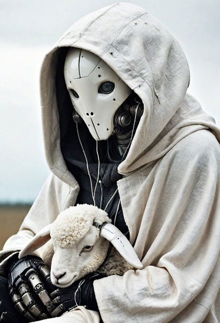 The hooded Vintage used old white robot sits quietly with a fluffy white lamb on its lap. the melancholic scene of a used and dirty sci-fi looking hooded dystopien noface faceless robot cyborg draped in a thick dirty OverallDetail white linen armor cape. detailed dirty used look, Its face remains concealed, and the cloak over its head is made of coarse, thick, dirty, torn and worn white linen fabric. It exudes a silent presence, as the surroundings are permeated with a blend of solitude and tender moments of affection. cables, wires, very detailed, atmospheric haze, dimmed light