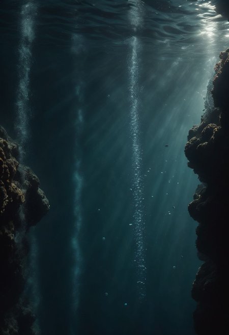 cinematic, flat shot, vertical, geometrical shot, underwater scene, deep ocean, trail of bubbles descending to the dark depths of the ocean, distant shot, low light, ominous