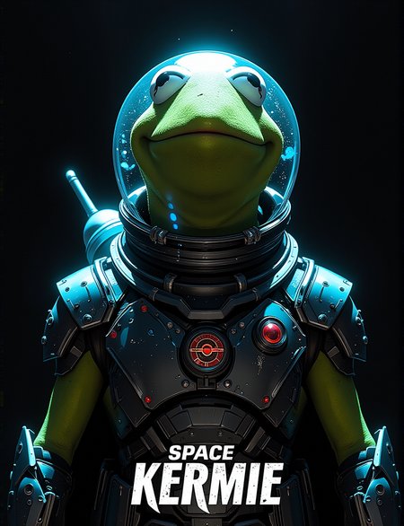 kermit the frog is wearing dark space prismatic armor, action movie poster. Title text reads "SPACE KERMIE"
