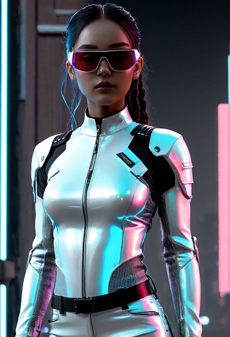 score_9, score_8_up, score_7_up, raw,32K, UHDR, (ultra-quality:1.6),1girl, in Cyberpunk style, revealing and exposing clothes, cinematic, wearing lit fiber optics, oxigen-support-gadgets, strong parallel lines and nodes, extremely detailed cute face,
Tech-infused, advanced materials bound technology and design. stimuli reactive to color-changing , psicho texture-shifting. ,integrate neon lights for visual flair.  sleek, angular shapes with sharp lines, including bodysuits and structured jackets. High-tech accessories are integral futuristic AR glasses, neural interfaces and cybernetic jewelry.  cargo pants, utility belts, and harnesses for gadgets. Bold colors dominate, with vibrant neons and electric obsidian:0.9 or pink:0.6 contrasting against deep agate:0.9 or pure-snow-white:0.9. Dystopian influences inspire distressed fabrics, industrial hardware, and asymmetrical designs, reflecting the chaotic cyberpunk ethos. glowing boots