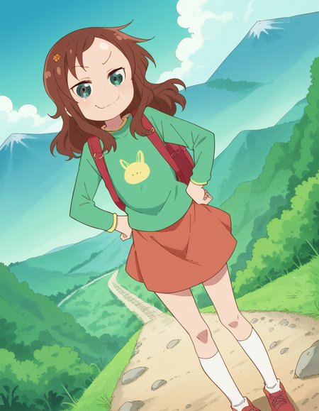 score_9, score_8_up, score_7_up, source_anime, <lora:riko-saikawa-s2-ponyxl-lora-nochekaiser:1>, riko saikawa, long hair, brown hair, green eyes, hair flower, hair ornament, flower,, skirt, shirt, long sleeves, red skirt, white socks, green shirt,, mountain trail, hiking, nature, backpack, adventure, fresh air, , looking at viewer, smug, hands on hips,, solo,, dutch angle,