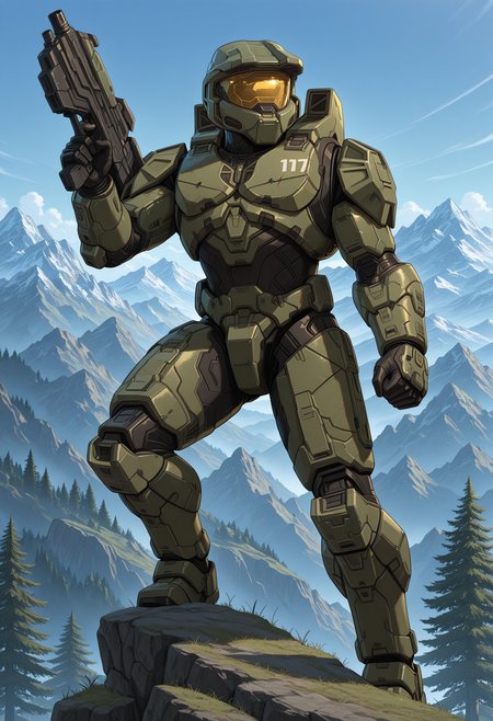 solo, masterchief, helmet, assault visor, holding weapon, science fiction, dyanmic pose, male focus, power armor, outisde, tree, mountain, scenery
perfect anatomy, masterpiece, perfect quality, best quality, detailed, newest, very aesthetic 
<lora:Illustrious\MasterChief_Halo_V1_ILXL:1.0>
