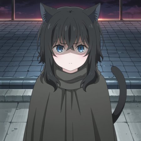 nsfw, masterpiece,best quality,amazing quality,1girl, solo,  reincarnated_as_a_sword_fran, blue eyes, animal ears, cat tail,  looking at viewer, shaded face, black hair, long hair, on roof, <lora:Fran_-_Reincarnated_as_a_Sword:0.7>