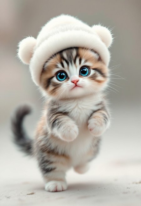 cute fluffy chibi kitten with a long fluffy tail raised up, fluffy white hat with pompoms, blue live eyes with long curved lashes, happy, dynamic, bright, natural day lighting, vivid color, professional photo, ultra sharp