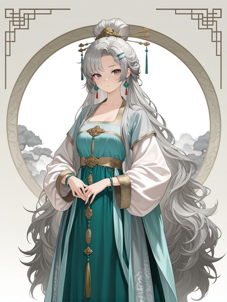 1girl,Gray hair,air bangs,very long hair,thick hair,fluffy hair,Chinese clothing,very long dresses,hair accessories,hairpins,loose sleeves,long sleeves,bracelets,earrings,Hanfu,fine costumes,fine textures, 
,masterpiece,best quality,amazing quality,
