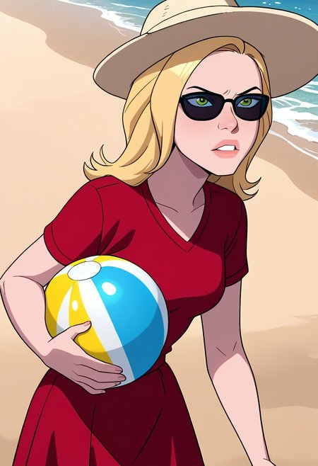 masterpiece, best quality, amazing quality, very aesthetic, absurdres, newest, ((screencap, parody, cartoon))
sandraten, blonde hair, 1girl, green eyes, lips,
expressive face, 
at the beach, sunglasses, beach ball, red beach shirt, red long beach skirt, summer hat, holding beach ball