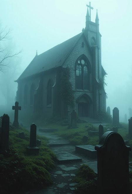 (((8k resolution))), (((absolute masterpiece))), (((best quality))), ultra detailed, score_9, score_8_up, score_7_up, eerie and haunting atmosphere, an old ruined church standing on a lonely hill, its darkened stone walls crumbling and overgrown with ivy, shattered stained-glass windows letting in faint ghostly light, partially collapsed roof with exposed wooden beams, surrounded by a foggy cemetery, ancient tombstones half-sunken into the moss, thick mist swirling around the graves, twisted crosses casting long shadows, indistinct ghostly shapes moving between the gravestones, ominous and silent mood, subtle details, soft shading, unsettling yet captivating scene.