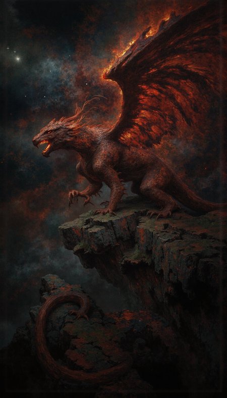 GLOW,intricate tetradic colors in every details,FLUORESCENT,asian woman, A highly realistic red dragon with its wings majestically outstretched, perched upon a precipice of jagged, tenebrous rocks. The dragon, illuminated by a celestial luminescence piercing through a tempestuous sky, dominates the composition in a medium shot. Its scales, rendered in meticulous detail, shimmer with iridescent hues of crimson and gold. The reptilian beast's malevolent eye, aglow with a baleful incandescence, fixates upon something beyond the frame, evoking a palpable sense of anticipation and menace. The tenebrous, tumultuous background, comprised of storm-wracked skies and an inky abyss, amplifies the dragon's formidable presence. Accentuate the interplay of light and shadow, emphasizing the dragon's menacing aura and the ethereal beauty of its surroundings.