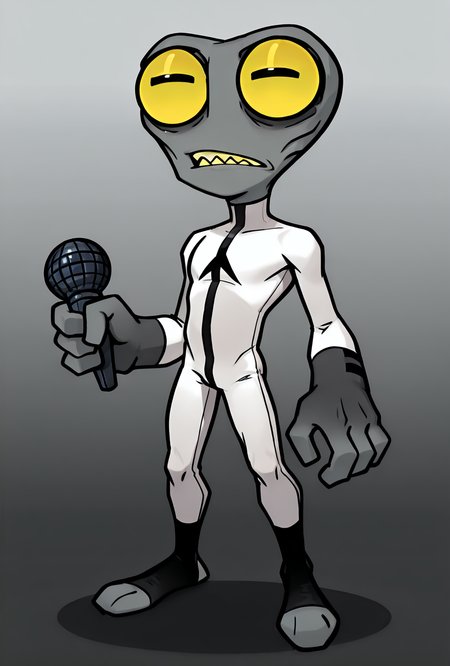 <lora:greymatter-09:1> greymatter, solo, 1boy, white bodysuit, grey skin, , ,small body, big hands,  , sharp teeth, big yellow eyes, big head, dynamic pose,, , tiny character,  <lora:17bucks_Style_Illustrious:1> 17bucks, gradient color, 2d, standing, holding microphone, full body ,, masterpiece, best quality, amazing quality, very aesthetic, absurdres, newest,