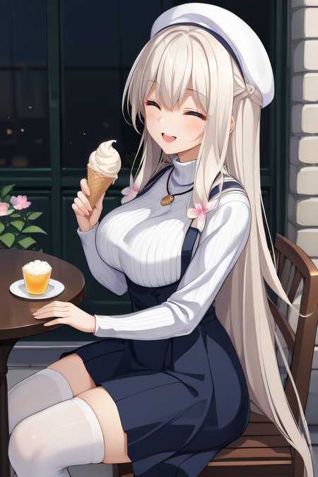 score_9, score_8_up, score_7_up, source_anime, rating_safe, intricate details, official style, 1girl, solo, <lora:Kimihara_Yua:1>, yua, white hair, closed eyes, very long hair, hair flowers, large breasts, white beret, white sweater, turtleneck, necklace, pinafore dress, black skirt, high-waist skirt, short skirt, thighs, white thighhighs, smile, outdoor, sitting, side view, upper teeth, chair, table, holding ice cream with both hands