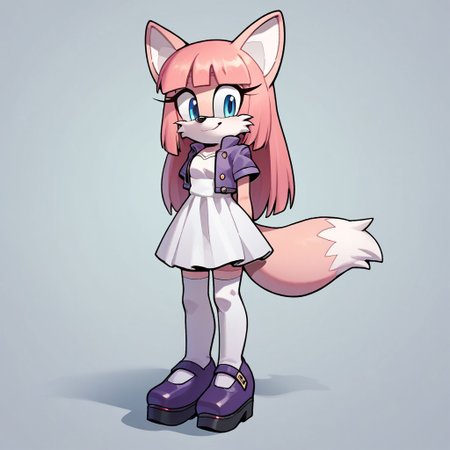 score_9, score_8_up, score_7_up, 1girl,  <lora:Perfect Hands:1> Perfect Hands, evnstnly, solo, petite, furry female, fennec fox, pink fur, pink arms, white fur, fox ears, fox tail, pink hair, long hair, hime cut, icy blue eyes, white dress, purple jacket, short sleeves, white thighhighs, cotton tights, platform footwear, purple shoes, mary janes, standing, smiling, legs together, arms at sides