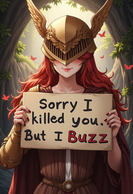 woman is malenia. holding a sign with text "Sorry I killed you. But I need Buzz". smile. Woman in gold armor. top body. cute. anime, cave. flowers