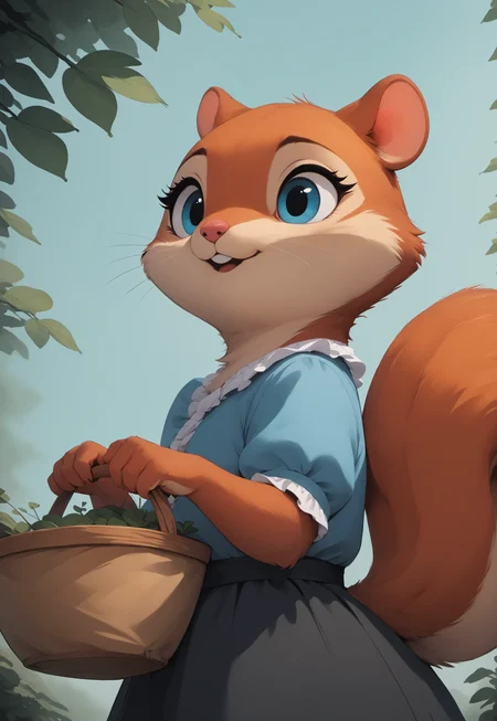 score_9, score_8_up, score_7_up, score_6_up, score_5_up, score_4_up, feral, cute, squirrel, female, red fur, blue eyes, white frilly shirt, black skirt, low angle view, from below,  outdoors, garden, from side, side view, detailed background, (open mouth:0.7), holding basket of nuts,