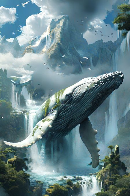 A majestic and huge Whale is part of the landscape, with a mountain integrated into its shell, waterfalls cascading from the peaks, lush greenery covering the whale's back, the whale's head and limbs made of rock textures, It is dotted with patches of moss and vegetation, with dramatic clouds and sky in the background, and birds soaring around the towering figures. The atmosphere is tranquil and mysterious, full of ancient and natural magic