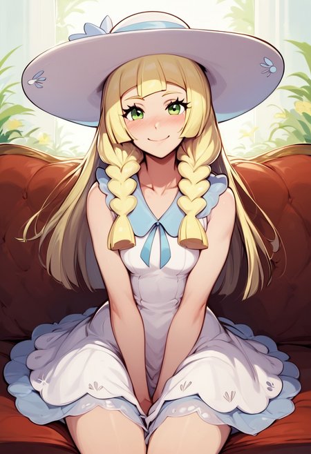 score_9, score_8_up, score_8, medium breasts, (curvy), cute, eyelashes,     
,,,
lillie, long hair, braid, sun hat, white headwear, collarbone, sleeveless dress, white dress,
,,, 
smile, looking at viewer, blush, blurry background, couch, sitting,  
,,,
BREAK,  
smile, looking at viewer, cowboy shot,  
zPDXL, Expressiveh,