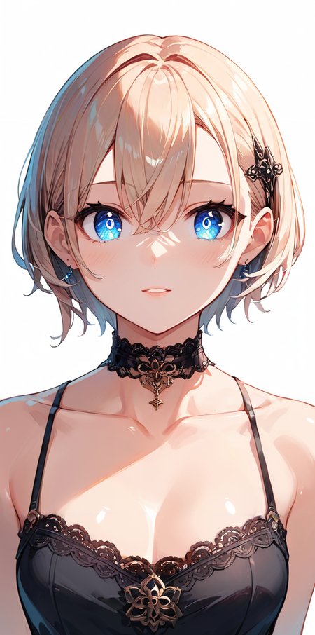 score_9, score_8_up, score_7_up,source_anime, high res image,masterpiece,best quality,girl,cute face,clear skin,shiny hair,ultra detailed eyes,simple background,  <lora:chocker_pony_V1.0:0.6> choker,lace