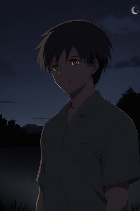 high resolution, solo, best quality, 1Boy, Takaki Toono, Brownish Hair, Brown Eyes, open space, night sky, moon, OverallDetail