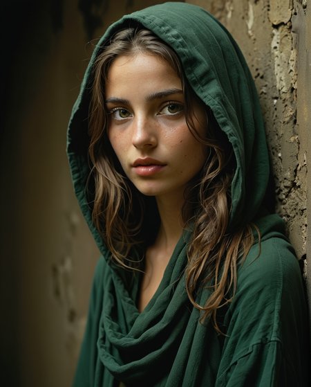 Full-length profile portrait of a girl with Arab features, with a wide, thin hood, loose hair, strands of hair covering the eyes and face, parted lips, full lips, perfect and hyper-detailed green eyes, loose and messy brown hair, wide felt hood, neck scarf, earrings, leaning against a wall, black background (Steve McCurry and Annie Leibovitz style, Helmut Newton), earthy tones, sensuality, desire, side lighting, Rembrandt lighting, very high contrast, hard shadows , photo quality, 4K, blur