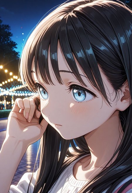 close up, solo, woman, komichi_akebi, hand on hair, night park, lights, high quality, best quality, masterpiece, 4k resolution, anime