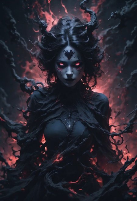 super closeup portrait. Silhouettes of dark ghostly woman. Perfect hands, capture the essence of Gaa's mystical creation. She stands ready to fight intruders. Glowing eyes. Gaa color palette. Nudity. Realistic. DEVIL SPAWN