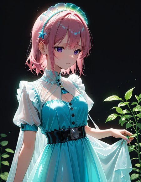 . masterpiece, best quality, amazing quality, very aesthetic, absurdres, newest, scenery, highres, high detail, Sci-Fi Comic Style, artist:Murasaki Yamada (ãã¾ã ç´«), safe, sfw, Handheld Shot, Studio flash with a grid for directional light (Grid Lighting)., w0gf1l, 
1girl, CivChan, purple eyes, pink hair, hair_between_eyes, bored, transparent baggy upper body clothing, henley neck, voile, rectangle,  puff sleeves, floor-length, empire waist, peplum hem,,belt included, draped lower body clothing, radiant crystal cloth,   regular fit, natural waist, utility loops,,slit details,,drawstring waist,,cross-back,,overdyed wash,,cutout details, button closure made of tiny neon glass filaments, holding Everfrost made of tiny neon glass filaments, Looking over the shoulder, in Futuristic rooftop garden with automated plant care and sustainable design., 
, , , 
, <lora:CivChan_SDXL:1>,<lora:hand 5.5:1>,<lora:Dynamic Poses:1>,<lora:World_of_Glass_Filament:1>