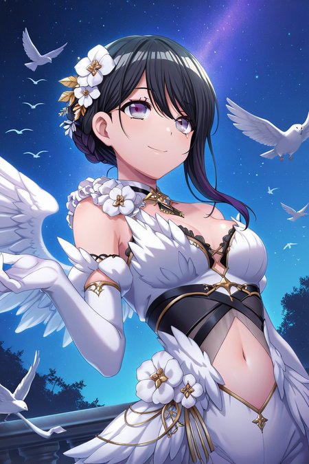 masterpiece, best quality, amazing quality,
 <lora:Toka_IL:1> toka, 1girl, bird, gloves, black hair, hair ornament, navel, flower, smile, sky, purple eyes, solo, elbow gloves, hair flower, white gloves, wings, night, night sky, bangs, breasts, star (sky), fthrsk