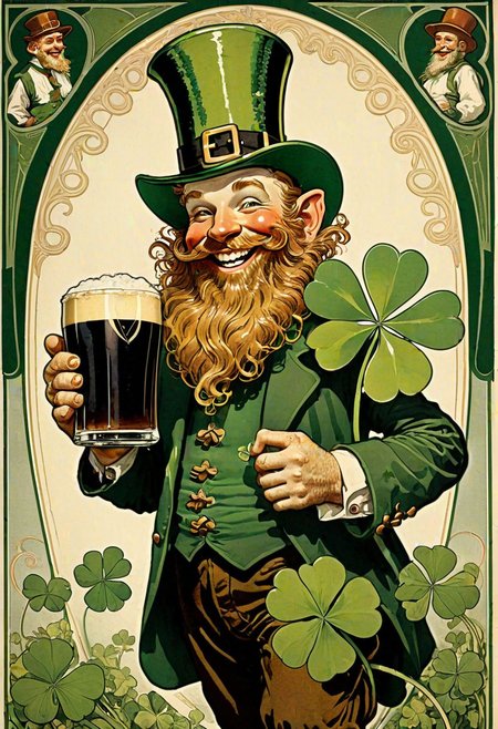 vintage Guinness poster, art nouveau style, (smiling, bearded leprechaun:1.3) enjoying a giant (clover-shaped pint:1.4), overflowing with Guinness, intricate details, muted colors