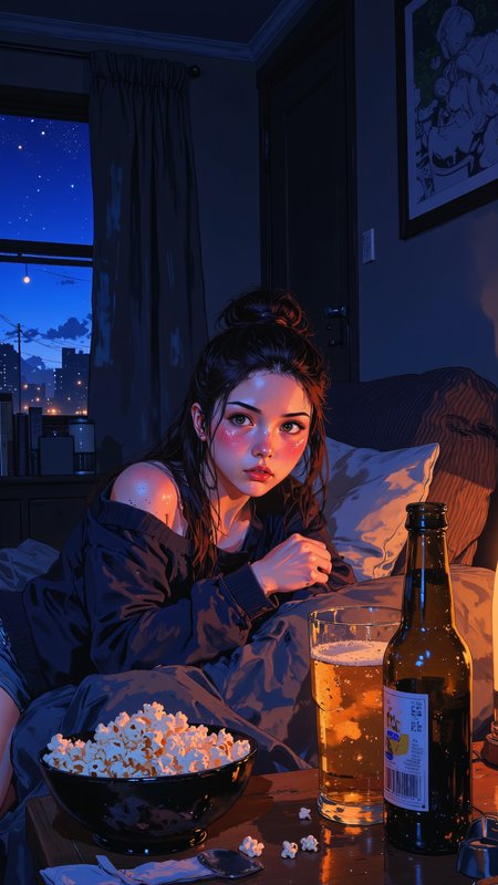 High-resolution anime-style illustration with a cozy, atmospheric night setting. A cute young woman with long, chestnut-brown hair tied into a messy bun lies comfortably on a striped fabric couch, bathed in the soft glow of a vibrant blue light. Her oversized off-shoulder sweater slips slightly down one arm, revealing a hint of her collarbone, while her snug cotton shorts are barely visible beneath the folds of the fabric. Her upper body is slightly propped up by cushions, her fingers gripping the edge of a blanket as she stares tensely into the distance, eyes wide with focus. On the table in front of her, a bowl of buttery popcorn and a cold beer sit untouched, condensation glistening on the bottle. The dim room glows with warm ambient lighting from a nearby lamp, casting soft shadows over the scene. Faint city lights peek through the window, adding to the quiet, immersive intensity of the moment. <lora:Vibrantly_Dark_style_v.1:0.8> <lora:Oil_Painting_style,_textured_brush_strokes:0.7000000000000001> <lora:illustration:0.5>