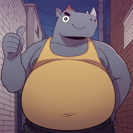 1boy, solo, detail background, cartoon style, 2d, anthro rhino, male, chubby, fat, overweight, purple-gray skin, cartoonish eyes, black eyes, big eyes, round eyes, short red hairstyle with spiked mane, large snout, curly rhino tail, large tail, obese, big belly, cartoon, 2d, thick black eyebrows, short ears, big body, two horns (one large, one small), thick arms, broad shoulders, rating_safe, score_9, rating_safe, Expressiveh, yellow tank top, black pants, white shoes, dof, detailed lighting, alleyway, at night, upper body, half body, close up, a thumbs up, low-angle view, smug expression, leaning on wall, on wall, looking at viewer, closed mouth, no nipples