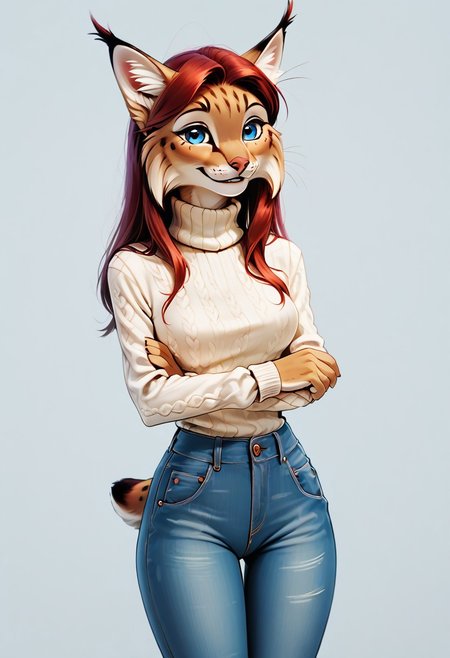 digital_media_(artwork) hi_res, score_9, score_8_up, score_7_up, score_6_up, source_furry, rating_safe, anthro, furry, female, furry female, detailed textured fur, fur tufts, lynx, red hair, blonde brown fur, spots, beautiful blue eyes, medium breasts, covered breasts, slim, slender, turtleneck sweater, denim jeans, smile, SFW,