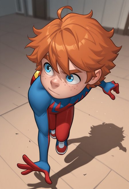 1boy, male focus, cute boy, BaileyBriggs, maskless, Orange Hair, Blue Eyes, Freckles, Spiderboy Costume, Two-tone Bodysuit, Red Bodysuit, Blue Bodysuit, Red Blue Sneakers, cinematic, intricately detailed illustration, depth of field, masterpiece, best quality, amazing quality, very aesthetic, absurdres, newest, very awa, shadow, dynamic angle, casual cosplay, dynamic pose,  action pose,